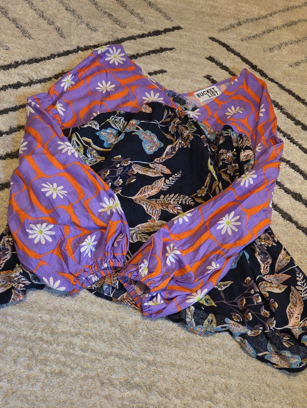 BUCKETLIST Purple, Orange and White Floral Puff-Sleeve Blouse